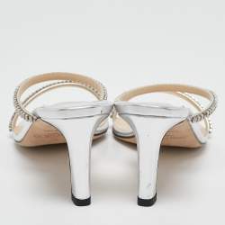 Pre Owned Jimmy Choo Silver Leather Crystal Embellished Slide Sandals Size 37