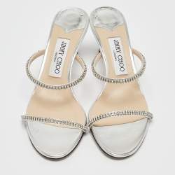 Pre Owned Jimmy Choo Silver Leather Crystal Embellished Slide Sandals Size 37