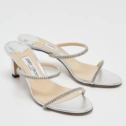 Pre Owned Jimmy Choo Silver Leather Crystal Embellished Slide Sandals Size 37