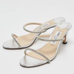 Pre Owned Jimmy Choo Silver Leather Crystal Embellished Slide Sandals Size 37