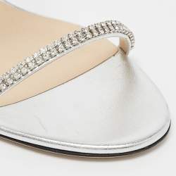 Pre Owned Jimmy Choo Silver Leather Crystal Embellished Slide Sandals Size 37