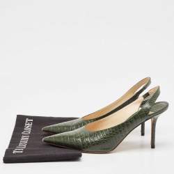 Jimmy Choo Green Croc Embossed Leather Thandi Slingback Pumps Size 38.5