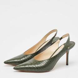 Jimmy Choo Green Croc Embossed Leather Thandi Slingback Pumps Size 38.5