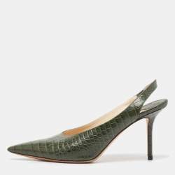 Jimmy Choo Green Croc Embossed Leather Thandi Slingback Pumps Size 38.5