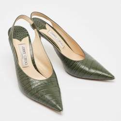 Jimmy Choo Green Croc Embossed Leather Thandi Slingback Pumps Size 38.5