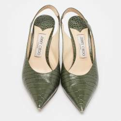 Jimmy Choo Green Croc Embossed Leather Thandi Slingback Pumps Size 38.5