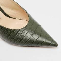 Jimmy Choo Green Croc Embossed Leather Thandi Slingback Pumps Size 38.5