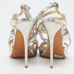 Jimmy Choo Silver Glitter and Leather Lance Ankle Strap Sandals Size 38
