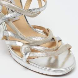 Jimmy Choo Silver Glitter and Leather Lance Ankle Strap Sandals Size 38
