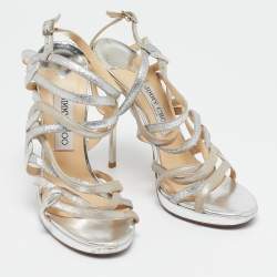 Jimmy Choo Silver Glitter and Leather Lance Ankle Strap Sandals Size 38
