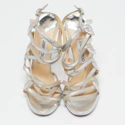 Jimmy Choo Silver Glitter and Leather Lance Ankle Strap Sandals Size 38