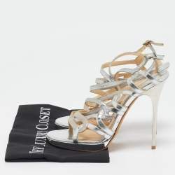 Jimmy Choo Silver Glitter and Leather Lance Ankle Strap Sandals Size 38