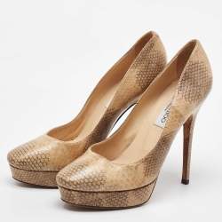 Jimmy Choo Beige/Brown Watersnake Leather Cosmic Volume Platform Pumps Size 38