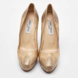 Jimmy Choo Beige/Brown Watersnake Leather Cosmic Volume Platform Pumps Size 38