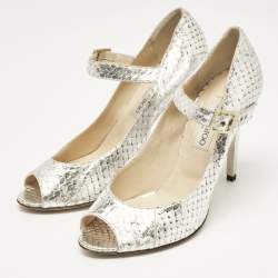 Jimmy Choo Silver Python Embossed Leather Mary Jane Pumps Size 38.5