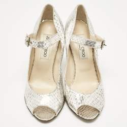 Jimmy Choo Silver Python Embossed Leather Mary Jane Pumps Size 38.5