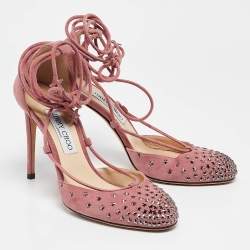 Jimmy Choo Pink Suede Star Studded Ankle Wrap Pumps Size 38.5