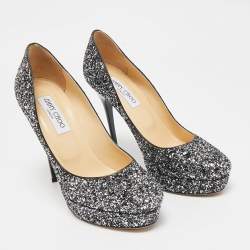 Jimmy Choo Silver/Black Glitter Cosmic Platform Pumps Size 39.5