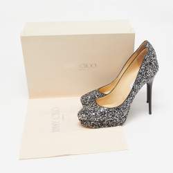 Jimmy Choo Silver/Black Glitter Cosmic Platform Pumps Size 39.5