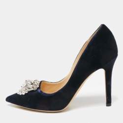 Jimmy Choo Navy Blue Velvet Crystal Embellished Manda Pumps Size 36