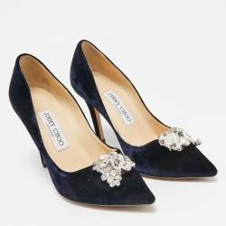 Jimmy Choo Navy Blue Velvet Crystal Embellished Manda Pumps Size 36