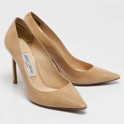 Jimmy Choo Beige Patent Leather Romy Pointed Toe Pumps Size 37.5