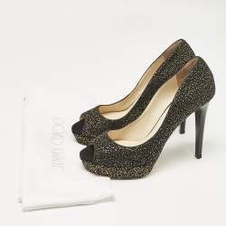 Jimmy Choo Black Metallic Embossed Suede Dahlia Peep Toe Platform Pumps Size 38.5