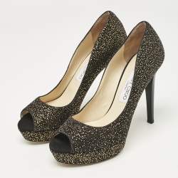 Jimmy Choo Black Metallic Embossed Suede Dahlia Peep Toe Platform Pumps Size 38.5