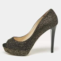 Jimmy Choo Black Metallic Embossed Suede Dahlia Peep Toe Platform Pumps Size 38.5