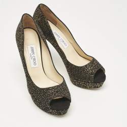 Jimmy Choo Black Metallic Embossed Suede Dahlia Peep Toe Platform Pumps Size 38.5