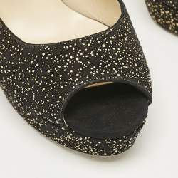 Jimmy Choo Black Metallic Embossed Suede Dahlia Peep Toe Platform Pumps Size 38.5