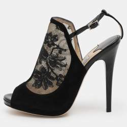 Pre Owned Jimmy Choo Black Lace and Suede Slingback Sandals Size 37.5