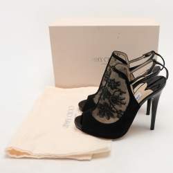 Pre Owned Jimmy Choo Black Lace and Suede Slingback Sandals Size 37.5
