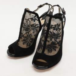 Pre Owned Jimmy Choo Black Lace and Suede Slingback Sandals Size 37.5