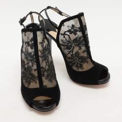 Pre Owned Jimmy Choo Black Lace and Suede Slingback Sandals Size 37.5