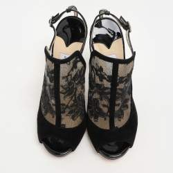 Pre Owned Jimmy Choo Black Lace and Suede Slingback Sandals Size 37.5