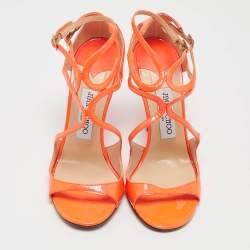 Pre Owned Jimmy Choo Orange Patent Leather Ankle Strap Sandals Size 37.5