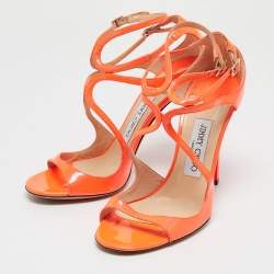 Pre Owned Jimmy Choo Orange Patent Leather Ankle Strap Sandals Size 37.5