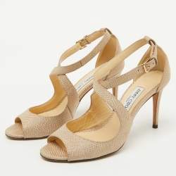 Jimmy Choo Beige Textured Leather Emily Cross Strap Sandals Size 39