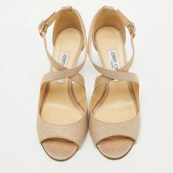 Jimmy Choo Beige Textured Leather Emily Cross Strap Sandals Size 39