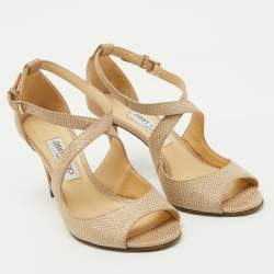 Jimmy Choo Beige Textured Leather Emily Cross Strap Sandals Size 39