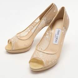 Jimmy Choo Beige Lace Luna Peep Toe Pumps Size 36.5