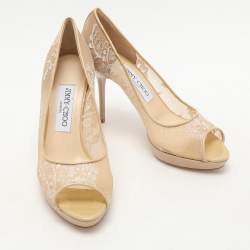 Jimmy Choo Beige Lace Luna Peep Toe Pumps Size 36.5