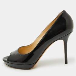 Jimmy Choo Black Patent Leather Crown Platform Peep Toe Pumps Size 39.5