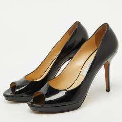 Jimmy Choo Black Patent Leather Crown Platform Peep Toe Pumps Size 39.5