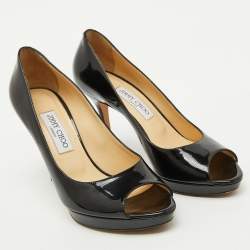 Jimmy Choo Black Patent Leather Crown Platform Peep Toe Pumps Size 39.5