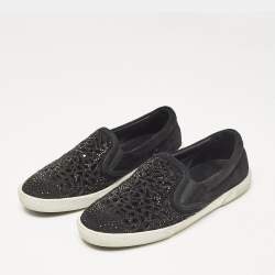 Jimmy Choo Black Suede Crystal Embellished Cut-Out Slip On Sneakers Size 36