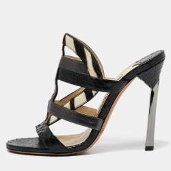 Jimmy Choo Black Zebra Print Calfhair and Snakeskin Vanisa Slide Sandals Size 36.5