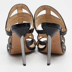 Jimmy Choo Black Zebra Print Calfhair and Snakeskin Vanisa Slide Sandals Size 36.5