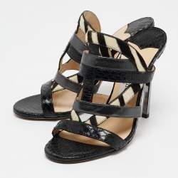 Jimmy Choo Black Zebra Print Calfhair and Snakeskin Vanisa Slide Sandals Size 36.5